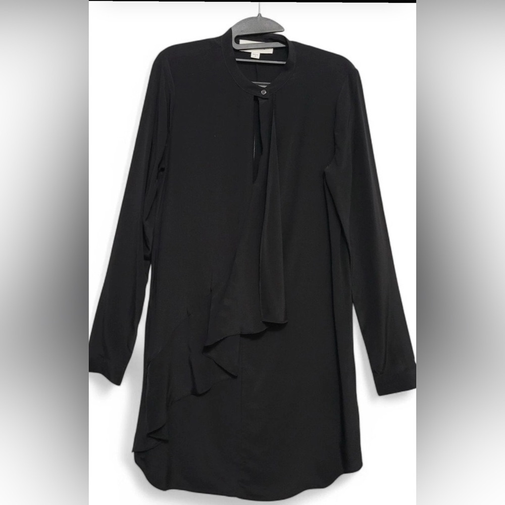 ROBERT RODRIGUEZ Draped Ruffle Dress Women Sz 8 Soft Black Silk Long Sleeve Midi